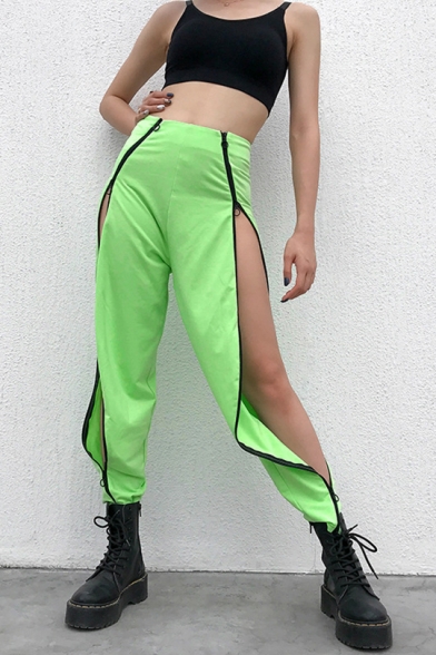 Summer Street Fashion Cool Zipper Closure Slit Side Solid Color Dance Track Pants for Girls