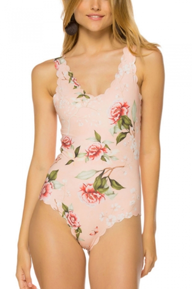 Summer Stylish Floral Printed Scalloped Edge V-Neck One Piece Pink Swimsuit Swimwear for Women