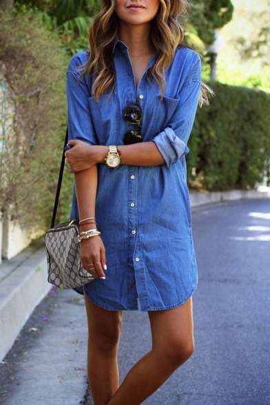 Summer Trendy Blue Plain Printed Collared Long Sleeve Button Front Pockets Detail Mini Shirt Dress