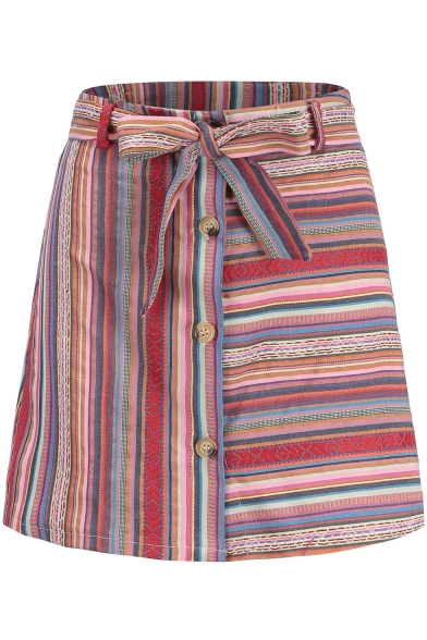 Summer Trendy Stripe Printed Bow-Tied Waist Button Front Mini A-Line Linen Skirt