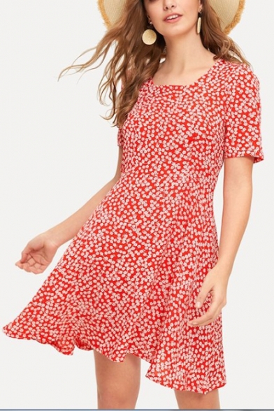 Summer Vintage Square Neck Short Sleeve Floral Printed Red Mini A-Line Dress