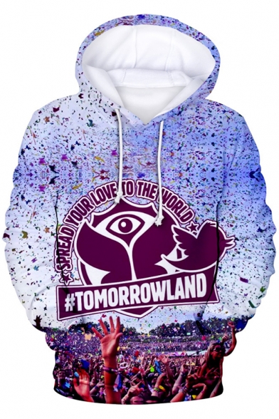 Tomorrowland Cool Letter Printed Long Sleeve Unisex Drawstring Hoodie in Purple