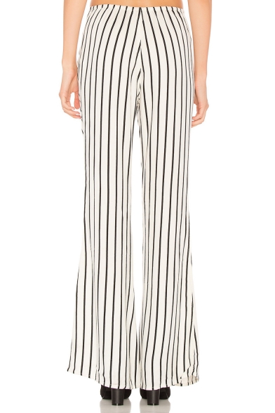 Trendy Lace-Up Tied Front White Vertical Stripe Printed Wide Leg Pants for Women