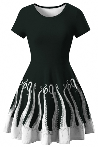 Trendy Octopus Printed Hem Round Neck Short Sleeve Black Mini A-Line T-Shirt Dress