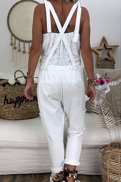 Trendy Solid Color Knotted Strap Drawstring Waist Rolled Cuff Casual Loose Overall Pants