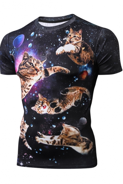 Unique Men's Galaxy Cat 3D Print Round Neck Short Sleeve Black Fitted Stretch T-Shirt