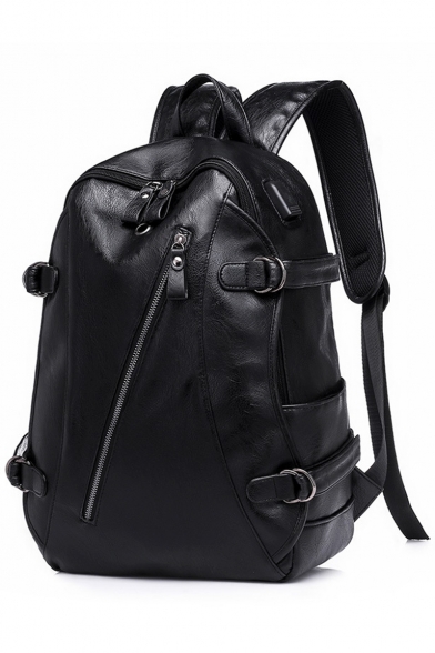 Unisex Fashion USB Solid Color Zipper Front Black PU Leather Business Laptop Backpack 30*45 CM