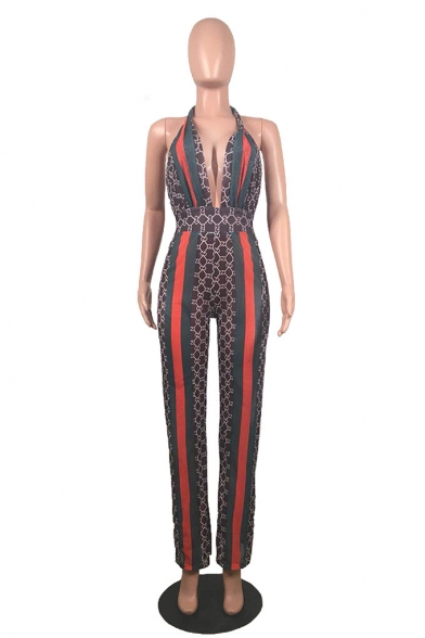 Women's Hot Fashion Stripes Sexy Backless Plunge Neck Spaghetti Straps Mesh Detail Slim Fit Jumpsuit