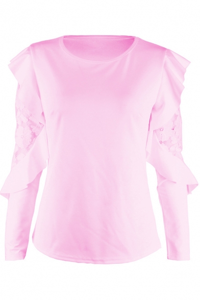 Women's Plain Round Neck Ruffle Lace Long Sleeve Slim T-Shirt