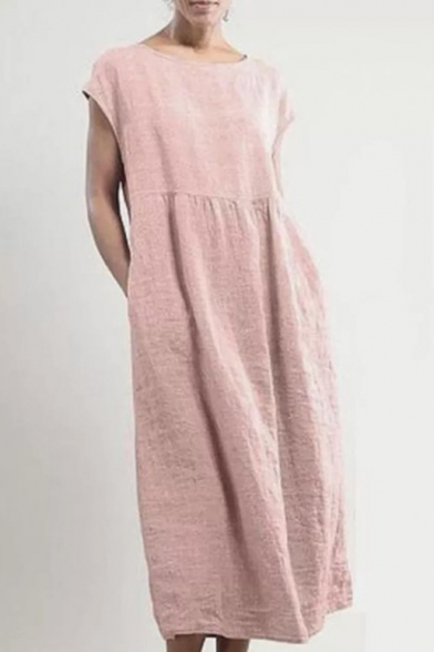 Women's New Stylish Plain Round Neck Sleeveless Loose Linen Maxi Dress With Pockets