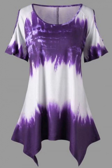 Women's Plus Size Tie Dyed Print Cut Out Short Sleeve Round Neck T-Shirt