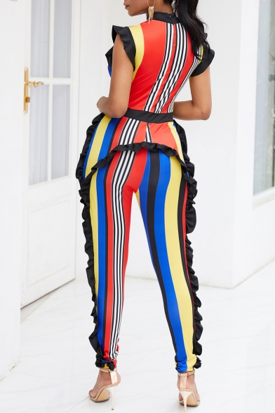 Women's Sexy Stripes Sleeveless Ruffle Details Night Club Skinny Jumpsuits