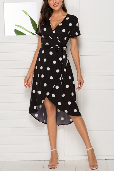 Women's Sexy V-Neck Short Sleeve White Polka Dot Pattern Bow-Yied Waist Midi Black Wrap Dress
