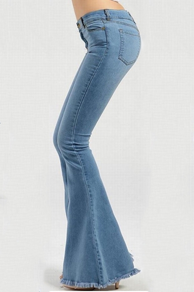 Women's Solid Color Light Blue Fashion Fringed Hem Slim Fit Flared Jeans