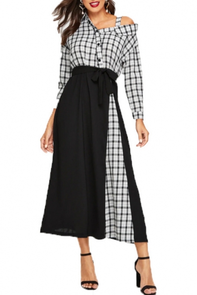 Women's Trendy Plaid Printed Cold Shoulder Long Sleeve Bow-Tied Waist Wrap Front Maxi Button Shirt Dress