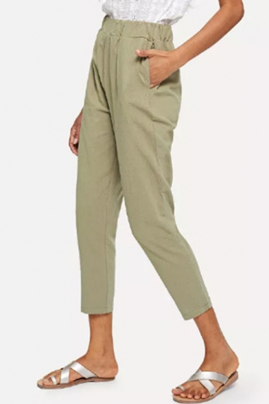 Women's Trendy Solid Color Army Green Elastic Waist Carrot Pants Tapered Pants