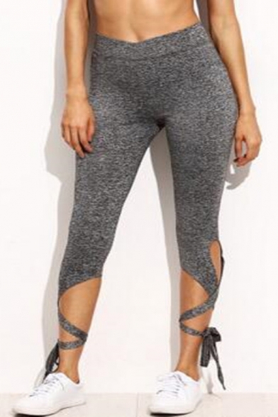 Womens Heather Grey Fashion Tied Cuff Cropped Fitness Leggings