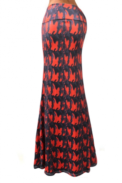 Womens High Waisted Red Tie Dye Printed Summer Bohemian Maxi Beach Skirt