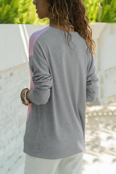 Womens Hot Fashion Color Block V-Neck Long Sleeve Loose Casual T-Shirt