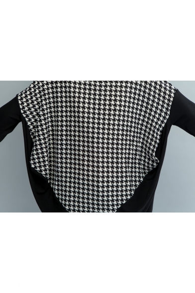 Womens Plus Size Fashion Houndstooth Printed Round Neck Long Sleeve Black Oversized Tee