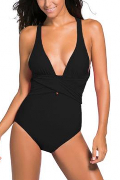 Womens Sexy Plunged Neck Solid Color Cutout Side Monokini Maillot One Piece Swimsuit