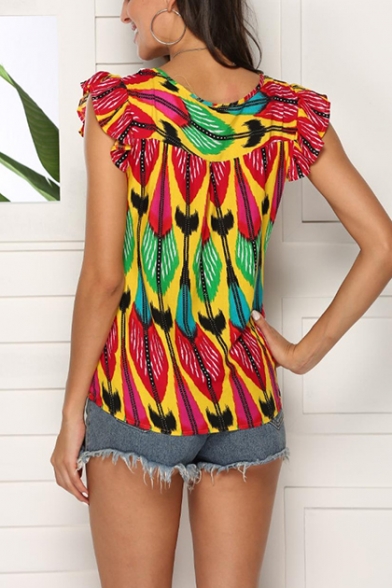 Womens Summer Fashion Tribal Printed Round Neck Ruffled Sleeve Lace-Trim Casual T-Shirt