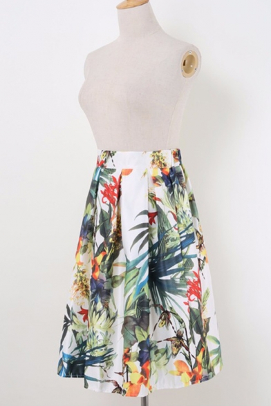 Womens Unique Vintage Tropical Printed Gathered Waist Midi Swing Skirt