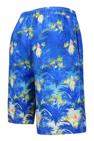 Blue Tropical Floral Bird Plants Printed Men's Drawstring Waist Swimming Trunks with Lining