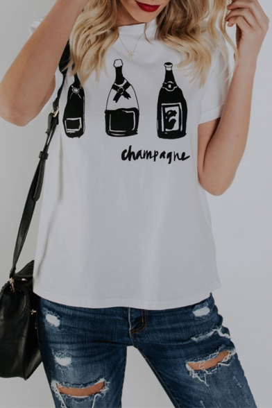 CHAMPAGNE Letter Bottle Printed White Round Neck Short Sleeve Graphic Tee
