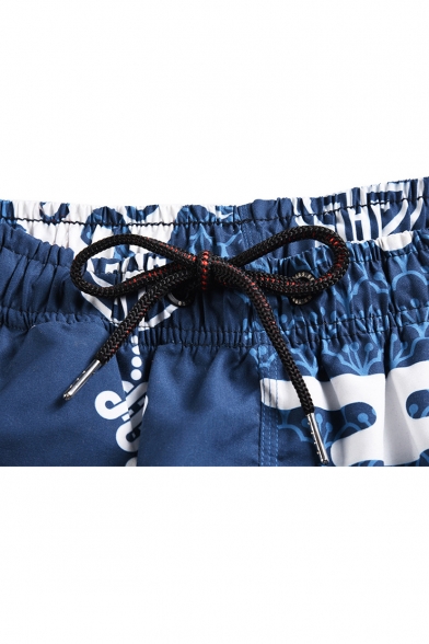 Chinese Style Retro Blue Cloud Printed Men's Lounge Beach Swim Trunks with Pocket