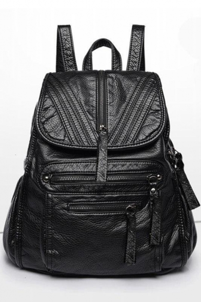 Cool Solid Color Multiple Zippers Black Soft Leather Casual Backpack 28*14*33 CM