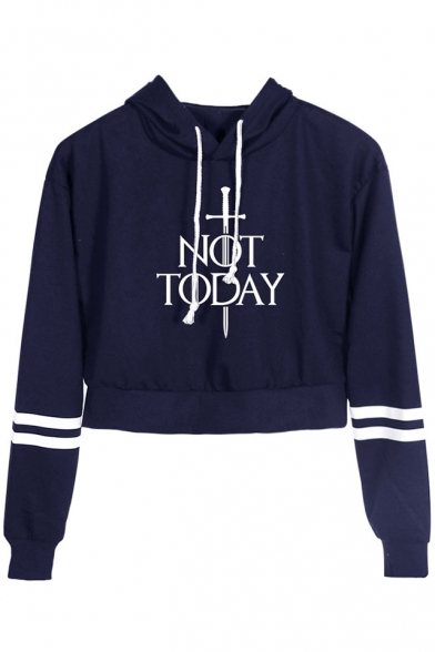 Cool Sword Letter NOT TODAY Striped Long Sleeve Cropped Drawstring Hoodie