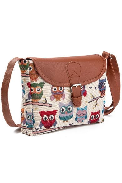 Cute Cartoon Owl Painted Khaki Long Strap Crossbody Bag 23*4*20 CM