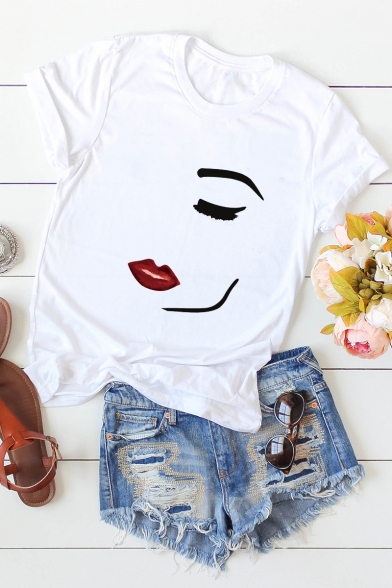 Fashion Abstract Face Printed Round Neck Short Sleeve Cotton Tee