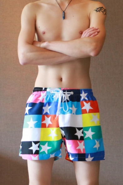 Fashion Colorblock Star Printed Mens Casual Loose Lounge Board Shorts Swim Shorts