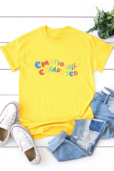 Fashion Colorful Letter EMOTIONALLY Printed Short Sleeve Relaxed Tee