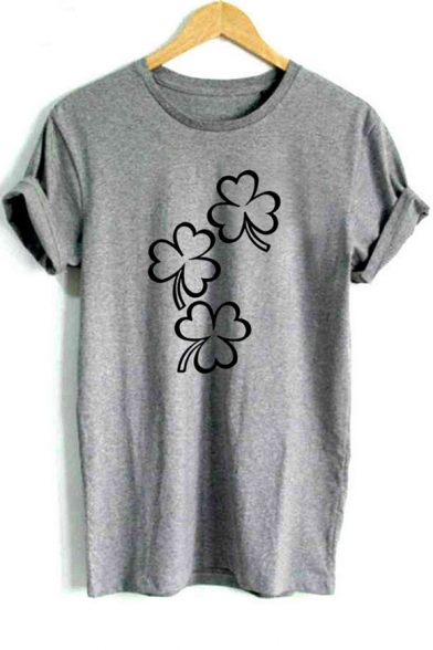 Fashion Floral Lucky Clover Printed Short Sleeve Relaxed Fit T-Shirt