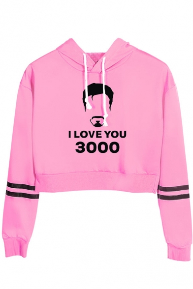 Fashion Stripe Long Sleeve Figure Letter I Love You 3000 Casual Cropped Hoodie