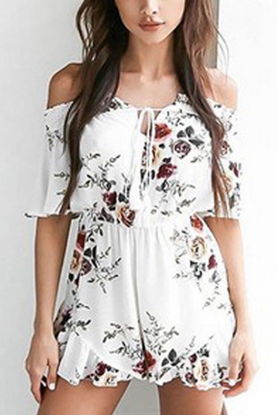 Fashion Summer Floral Printed Off the Shoulder Short Sleeve Womens White Chiffon Romper