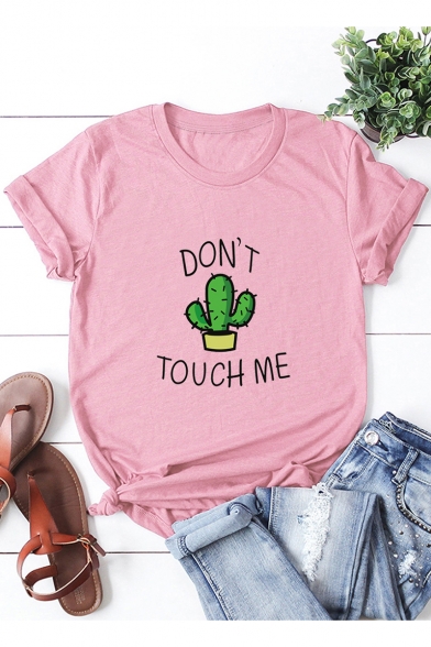 Funny Cactus Letter DON'T TOUCH ME Short Sleeve Cotton Casual Graphic T-Shirt
