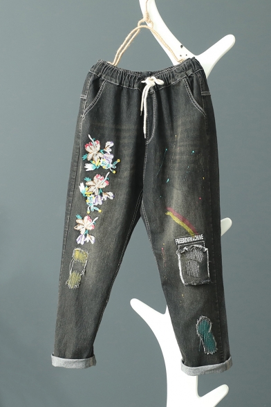 Girls Chic Floral Embroidered Patched Rolled Cuff Black Harem Jeans
