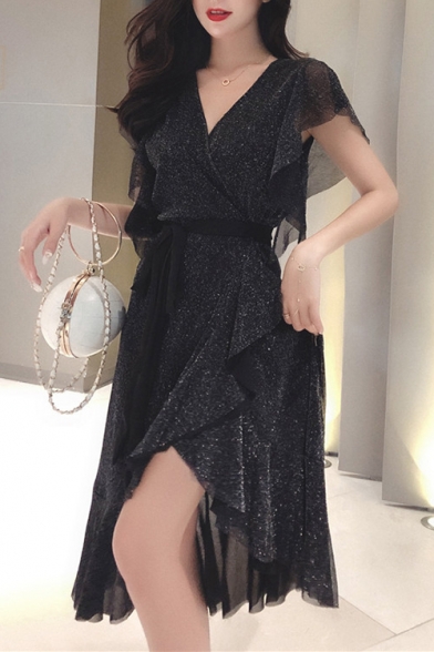 Girls Summer New Chic Fancy Glitter Sequined V-Neck Tied Waist Midi A-Line Dress
