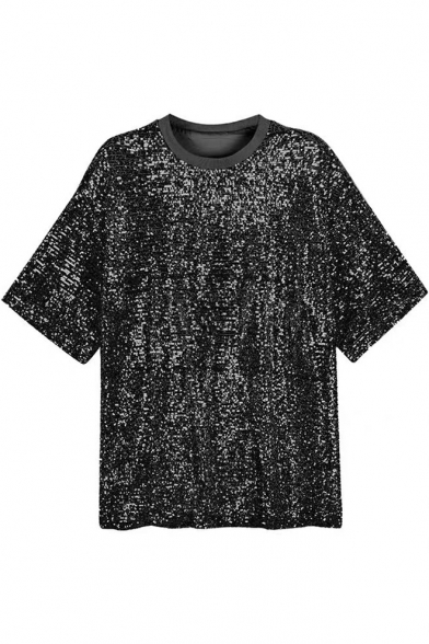 Girls Summer New Trendy Round Neck Glitter Sequined Longline Oversized T-Shirt