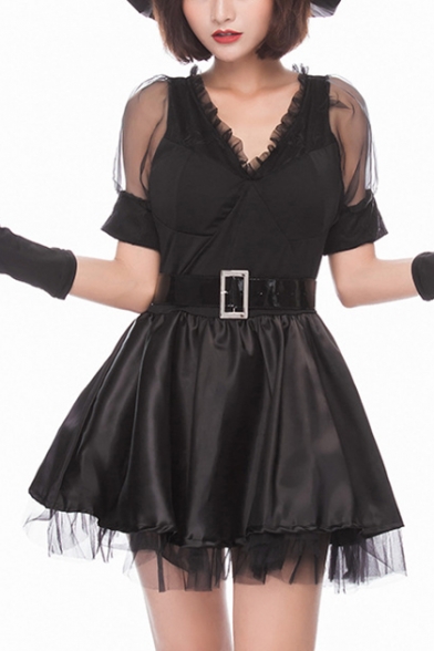 Halloween Black Witch Cosplay Costume Mesh Short Sleeve V-Neck Mini A-Line Dress