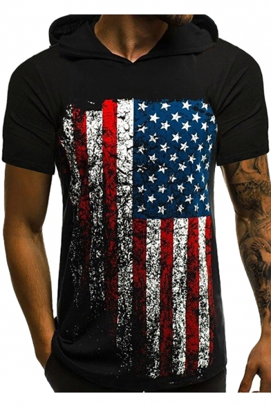 Hot Fashion American Flag Pattern Short Sleeve Hooded T-Shirt for Men