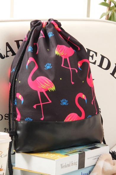 Hot Fashion Flamingo Printed Black Drawstring Backpack 36*46.5 CM