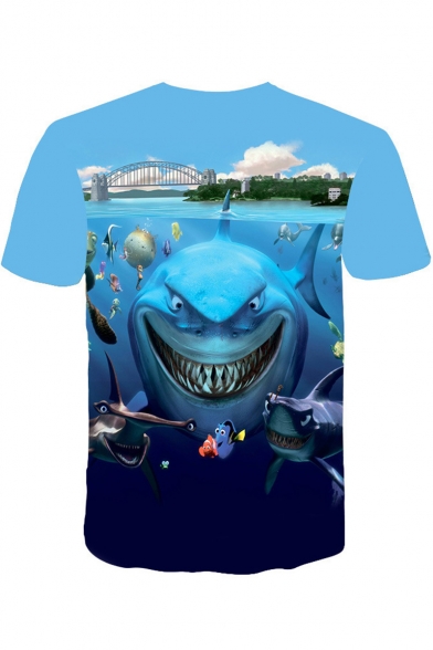 Men's Hot Popular 3D Finding Nemo Cartoon Printed Basic Round Neck Short Sleeve Light Blue T-Shirt