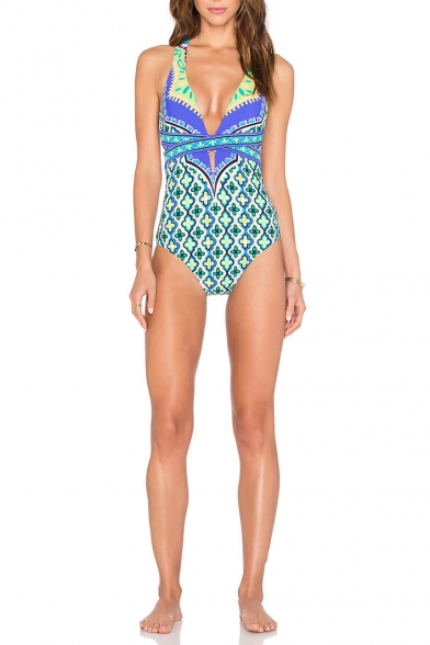 New Fashion Ethnic Floral Printed Halter Neck Plunged One Piece Blue Swimsuit Swimwear for Women