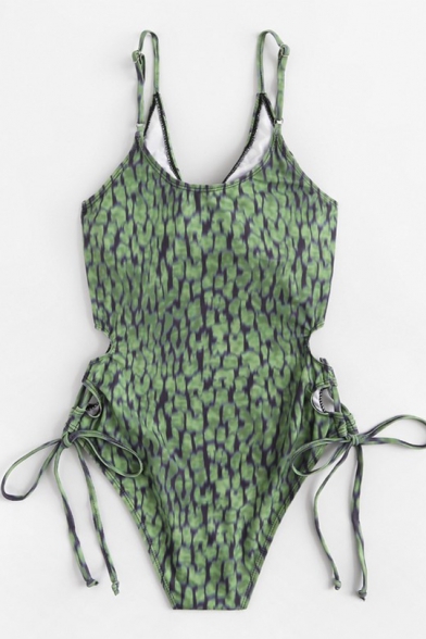 New Fashion Green Leopard Pattern Tied Up Side Spaghetti Straps One Piece Swimsuit