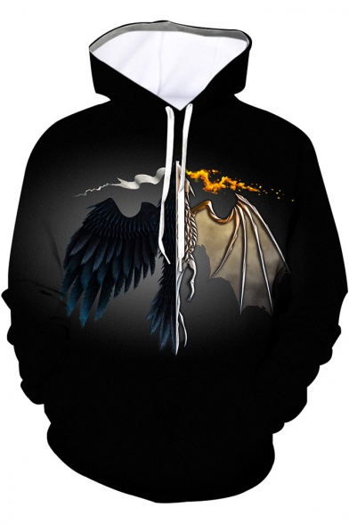 New Stylish Cool Ice and Fire Dragon Printed Long Sleeve Black Drawstring Hoodie